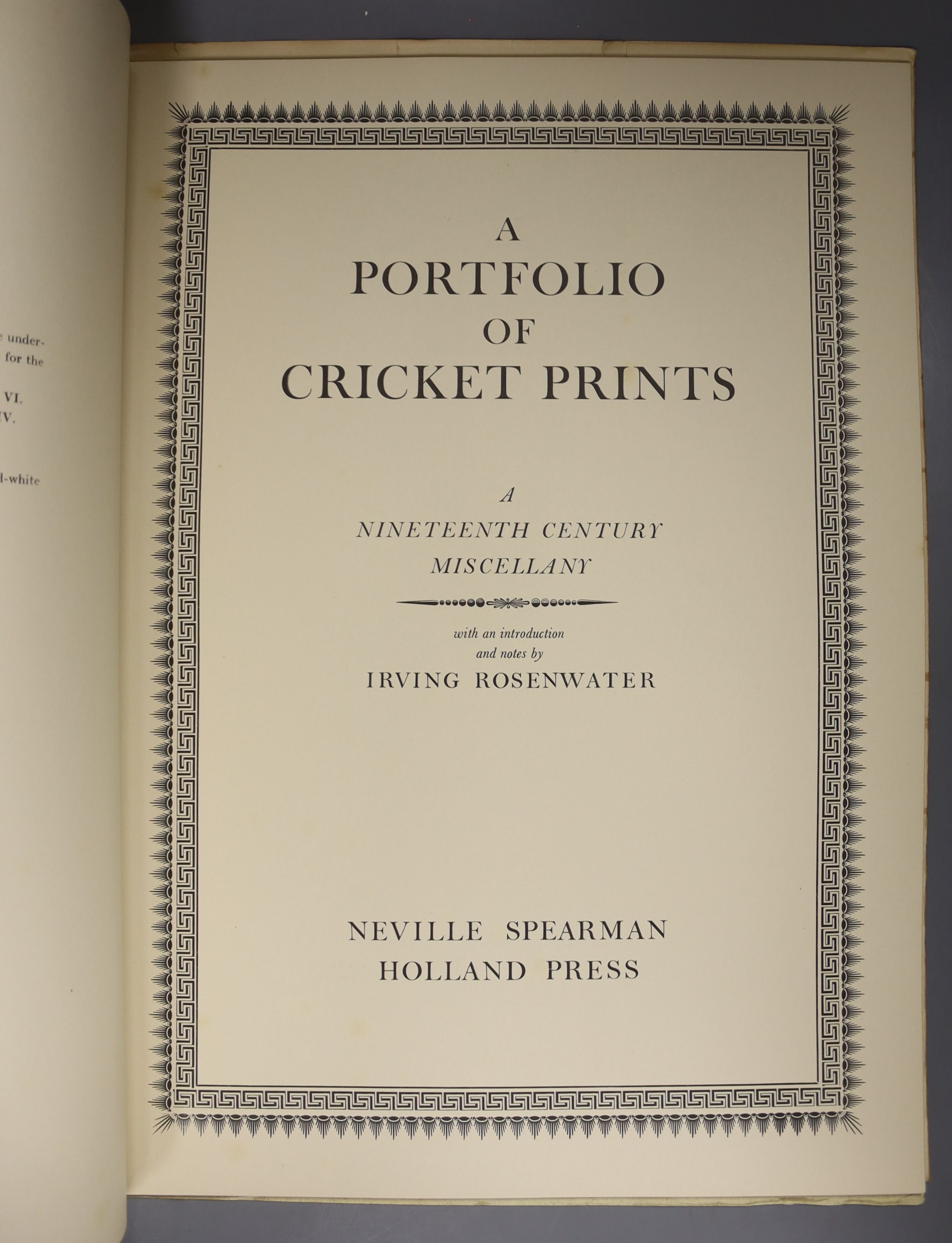 Rosenwater, Irving – A Portfolio of Cricket Prints: a nineteenth century miscellany, 8 coloured plates and some other illus., coloured pictorial wrappers, folio 1962